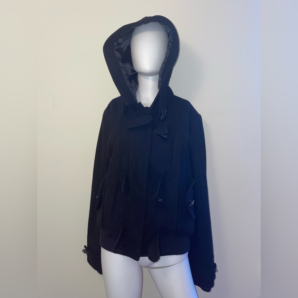 White Rivet Hooded Pea Coat Black Womens XL Long Sleeve Buttons Zipper Wool